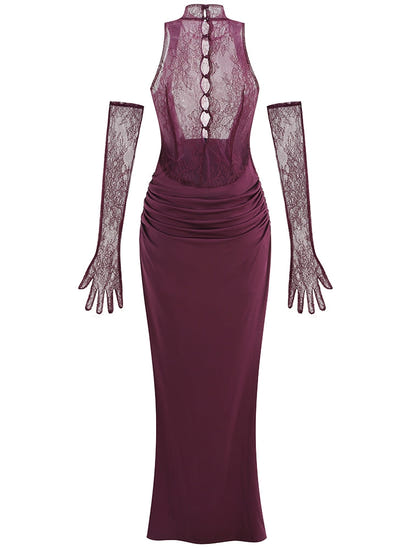 Abendkleid mit Rollkragen und Handschuhen
