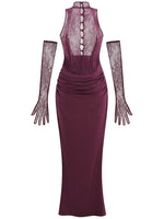 Abendkleid mit Rollkragen und Handschuhen